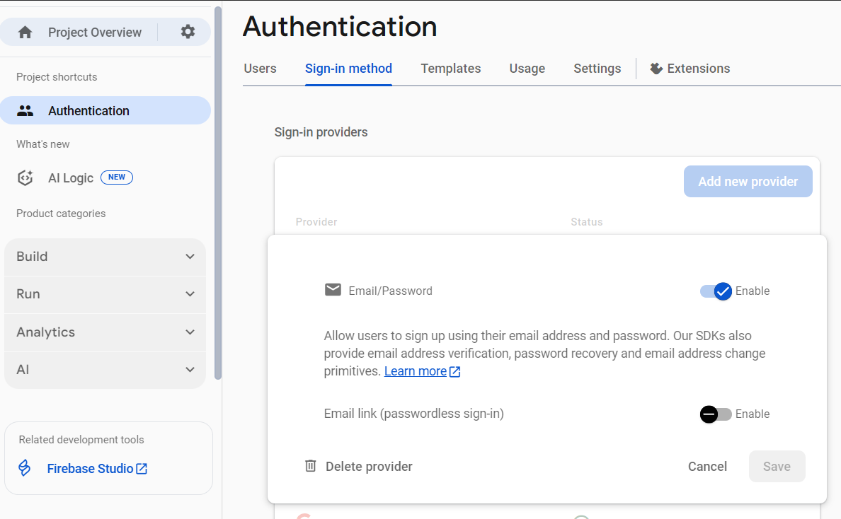تفعيل ميزة "المصادقة عبر البريد الإلكتروني" في "وحدة تحكّم Firebase"