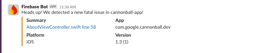 مثال على تنبيه من Crashlytics إلى قناة Slack